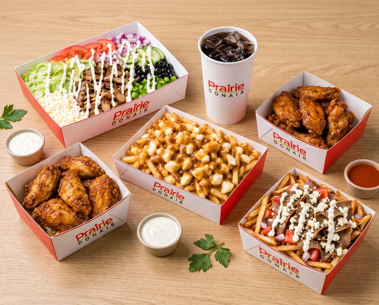 Overhead spread of a Greek Goddess Bowl, poutine, wings, gyro fries and a drink in Prairie Donair packaging