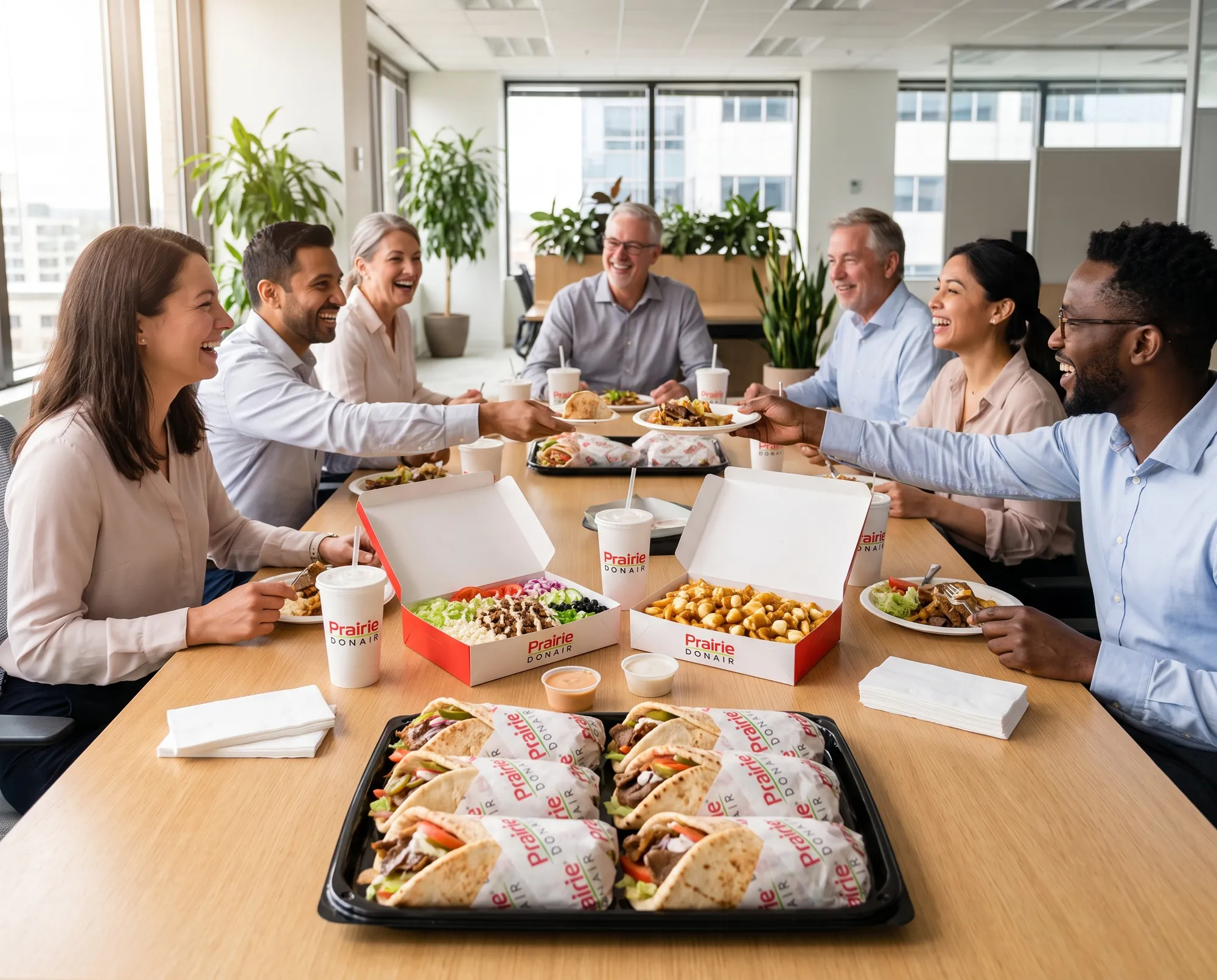 A team of coworkers sharing a Prairie Donair catering spread of donairs, rice bowls and poutine