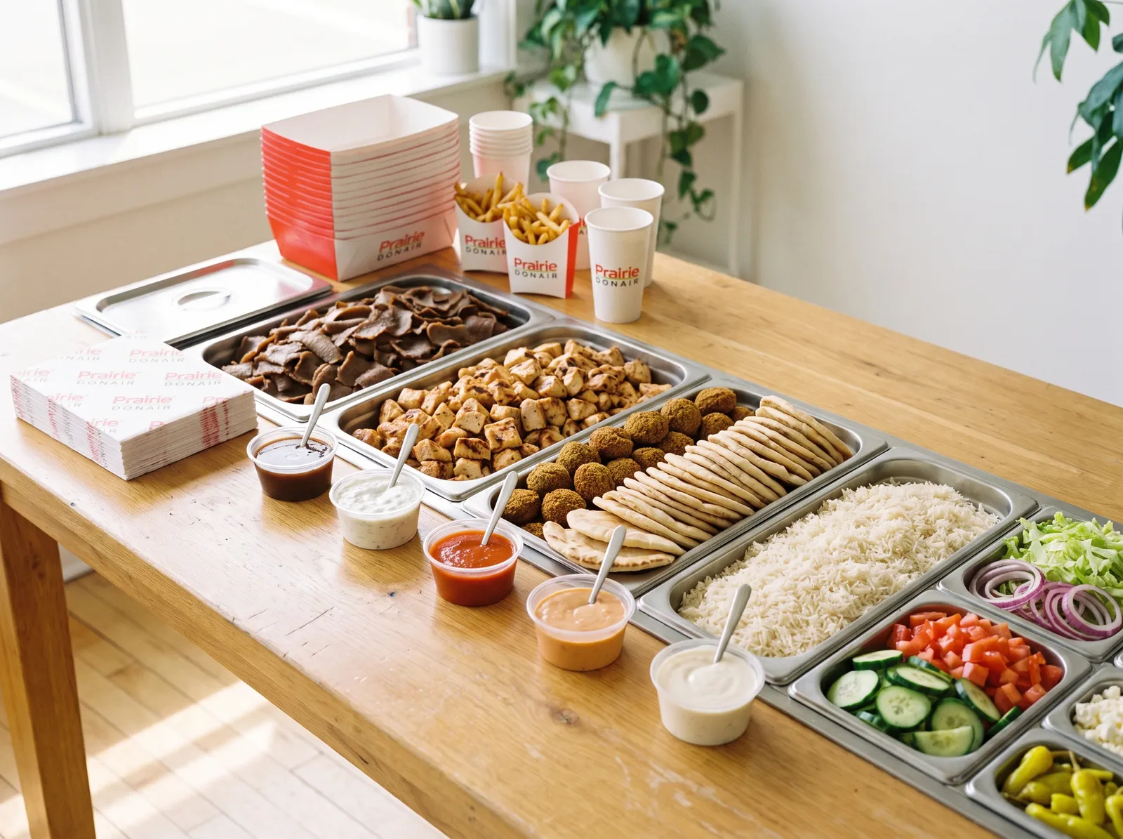 Build Your Own Catering — trays of meats, pitas, rice, fresh toppings and sauces