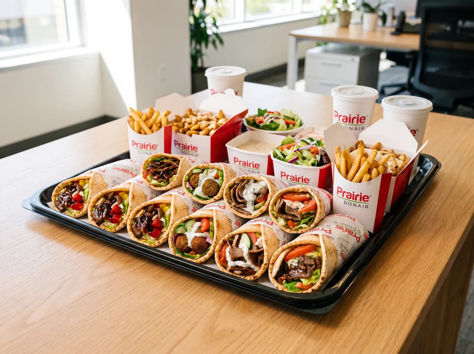 Classic Mixed Platter — a mix of donairs and falafel pitas on a catering tray