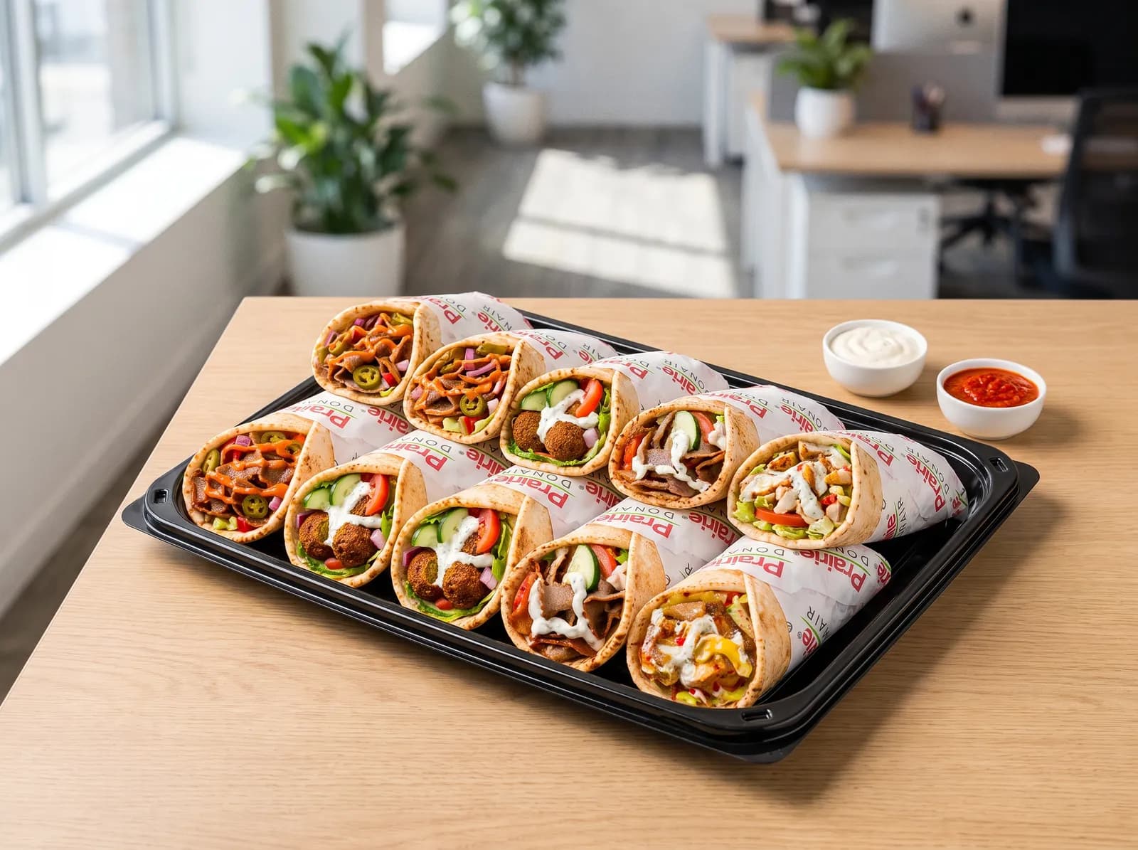 The PD Signature Platter — ten signature donairs and pitas cut in half on a catering tray
