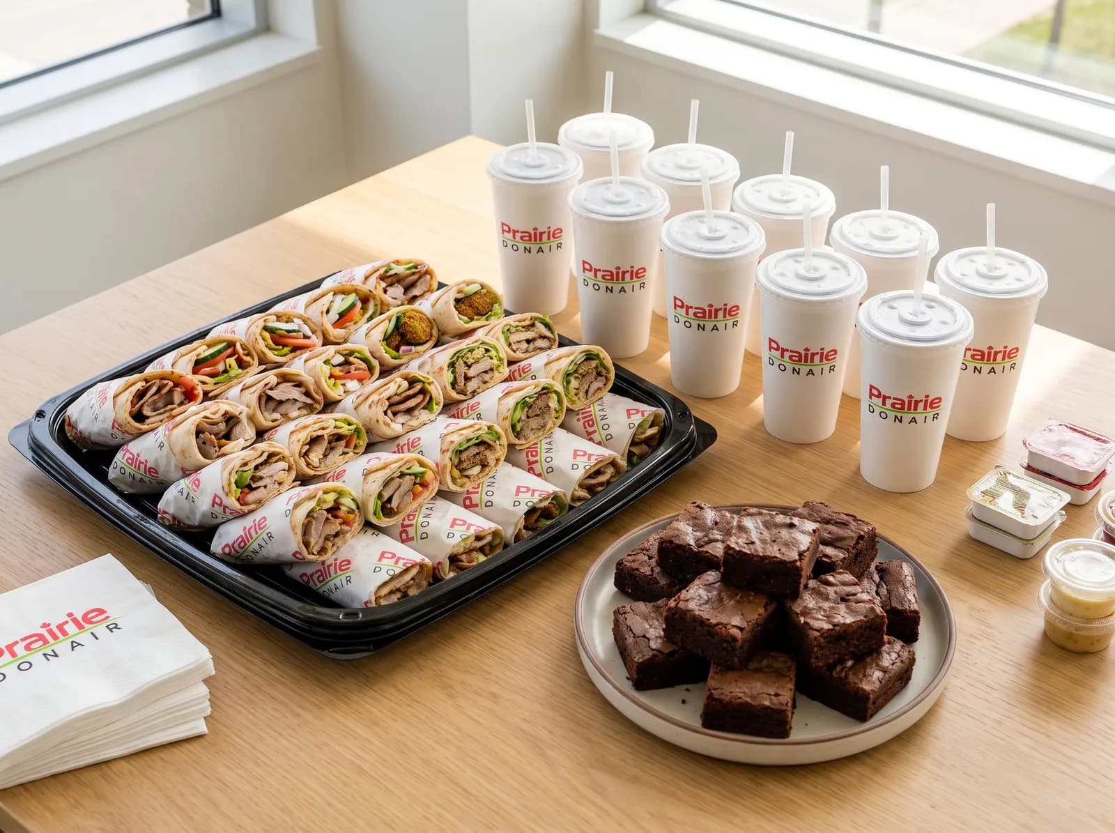The Ultimate Pita Platter — a tray of donairs with bottled drinks and two-bite brownies