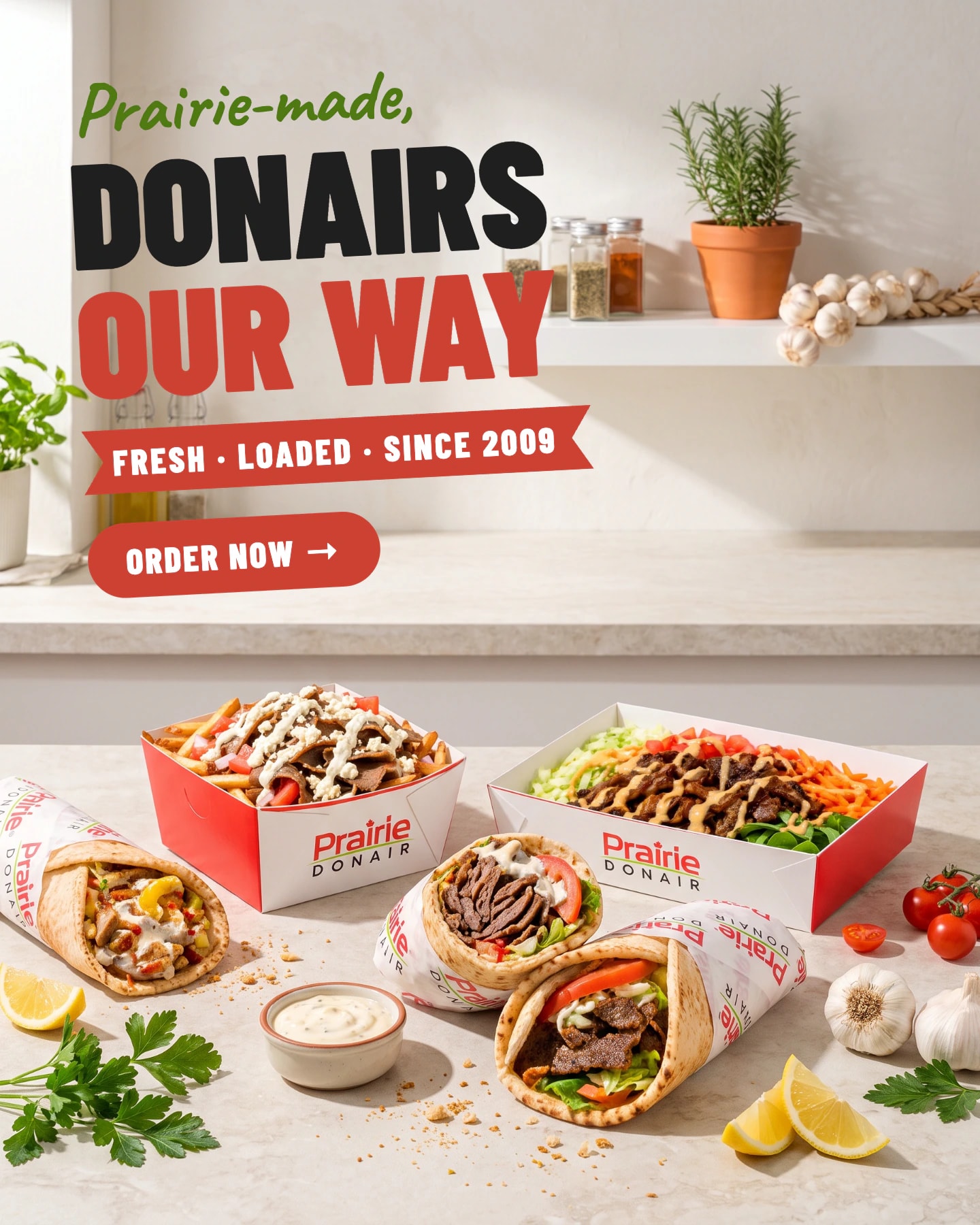 Prairie-made, donairs our way. Fresh, loaded, since 2009. Order now. Donairs in Prairie Donair paper, gyro fries and a bowl on a stone counter.