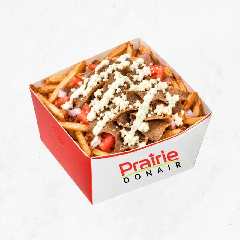 Gyro Fries with feta and garlic sauce in a Prairie Donair box