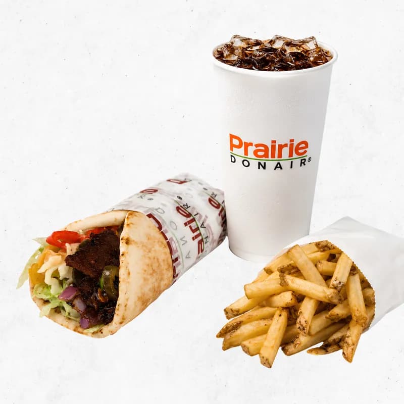 Spicy PD Signature donair with PD Fries and a fountain drink